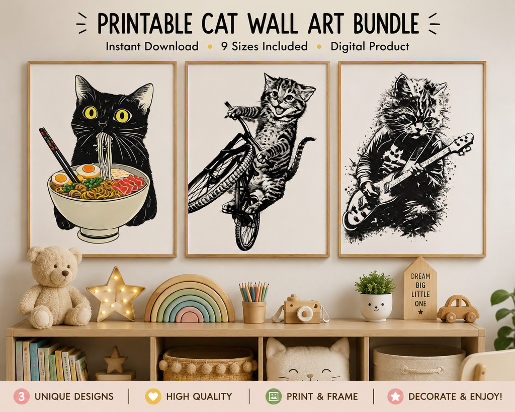 🎨 Printable Cat Wall Art Bundle – Cute & Fun Animal Posters (Digital Download)